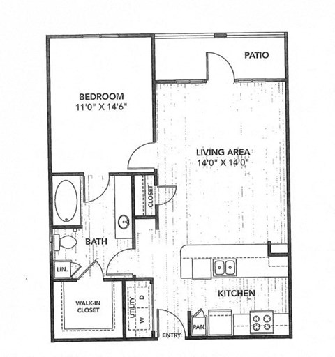 Floor plan for 1 bed, 1 bath, 786 sqft