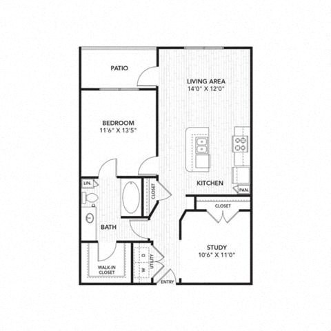 Floor plan for 1 bed, 1 bath, 898 sqft