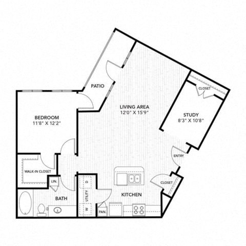 Floor plan for 1 bed, 1 bath, 1005 sqft