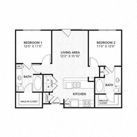 Floor plan for 2 beds, 2 baths, 970 sqft