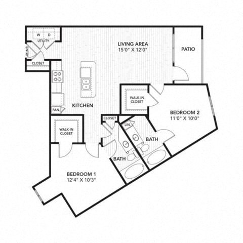 Floor plan for 2 beds, 2 baths, 1104 sqft