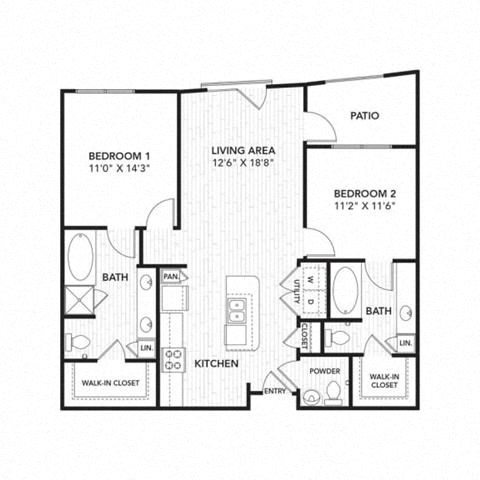 Floor plan for 2 beds, 2.5 baths, 1164 sqft