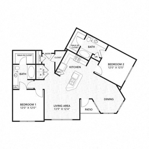 Floor plan for 2 beds, 2 baths, 1239 sqft