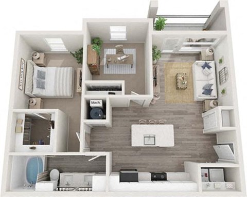 Floor plan for 1 bed, 1 bath, 858 sqft