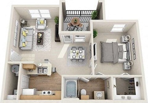 Floor plan for 1 bed, 1 bath, 671 sqft