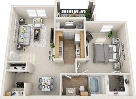 Floor plan for 1 bed, 1 bath, 741 sqft