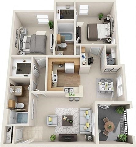 Floor plan for 2 beds, 2 baths, 1028 sqft