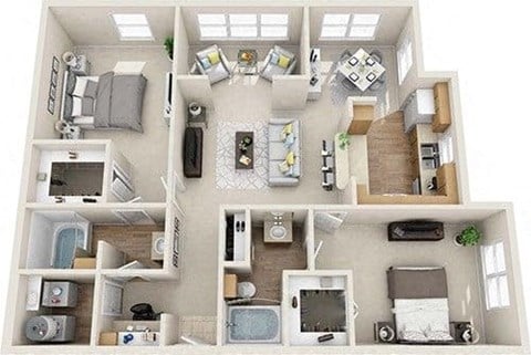 Floor plan for 2 beds, 2 baths, 1249 sqft