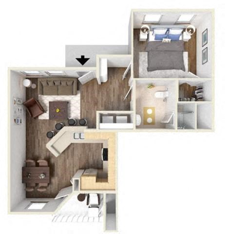 Floor plan for 1 bed, 1 bath, 708 sqft