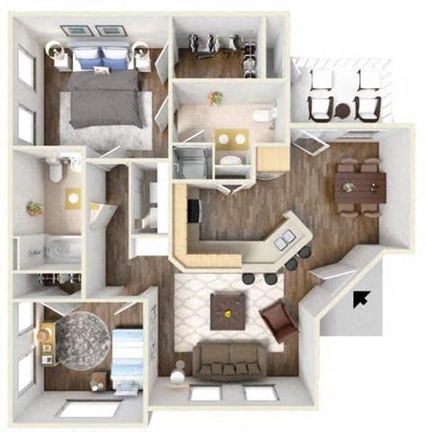 Floor plan for 2 beds, 2 baths, 917 sqft