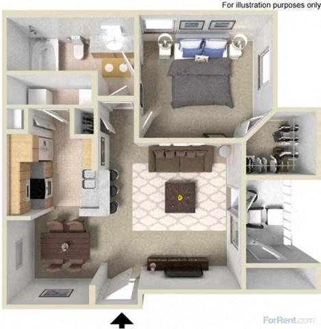 Floor plan for 1 bed, 1 bath, 680 sqft