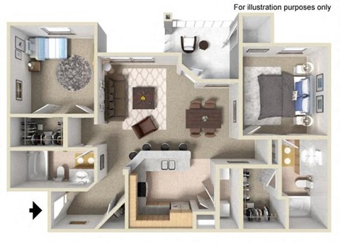 Floor plan for 2 beds, 2 baths, 1015 sqft