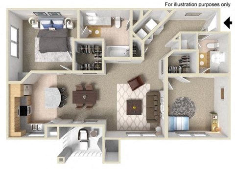 Floor plan for 2 beds, 2 baths, 1108 sqft
