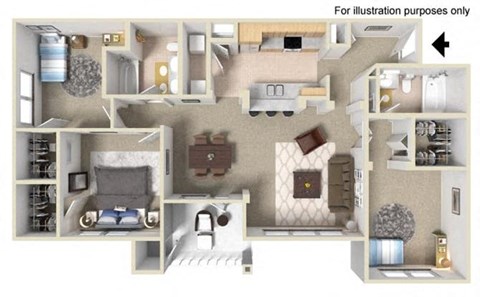 Floor plan for 3 beds, 2 baths, 1302 sqft