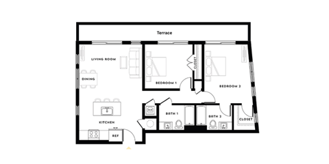 Floor plan for 2 beds, 2 baths, 1008 sqft