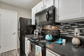 Jacksonville apartment for rent - A black refrigerator and microwave in a kitchen with a white door.