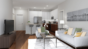 Littleton apartment for rent - A modern living room with a white sofa and a television.