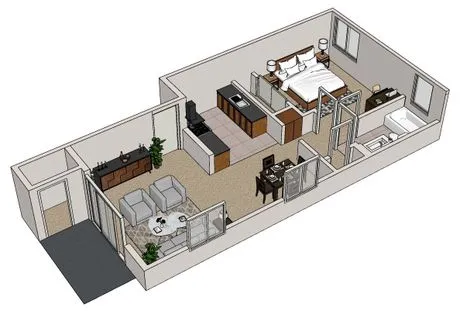 Floor plan for 1 bed, 1 bath, 670 sqft