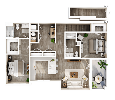 Floor plan for 2 beds, 2 baths, 1408 sqft