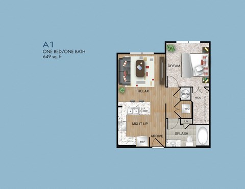 Floor plan for 1 bed, 1 bath, 649 sqft