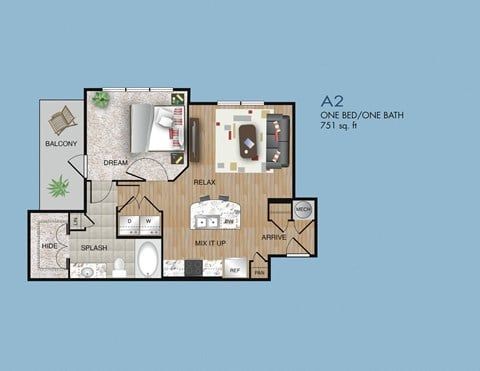 Floor plan for 1 bed, 1 bath, 751 sqft