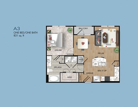 Floor plan for 1 bed, 1 bath, 831 sqft