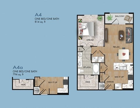 Floor plan for 1 bed, 1 bath, 814 sqft