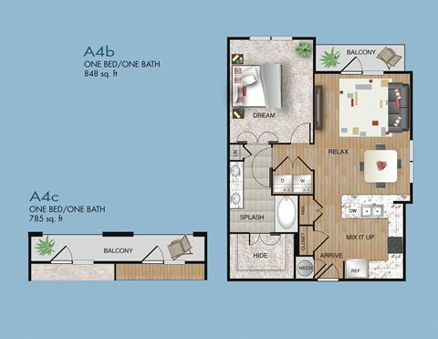 Floor plan for 1 bed, 1 bath, 785 sqft