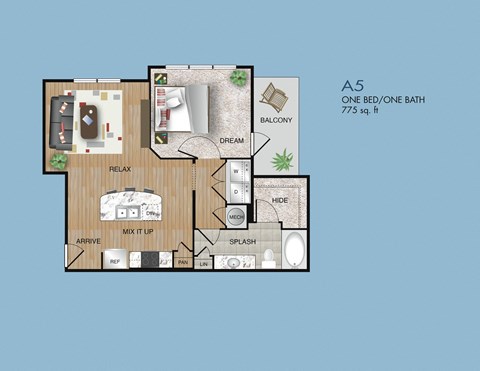 Floor plan for 1 bed, 1 bath, 775 sqft