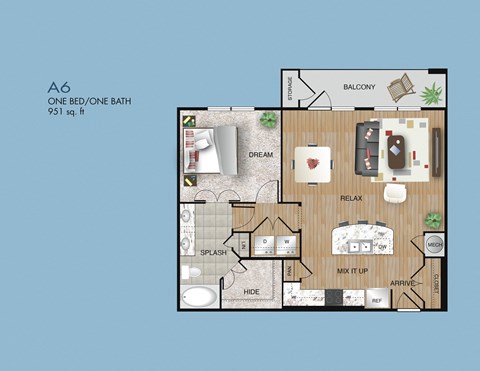 Floor plan for 1 bed, 1 bath, 951 sqft