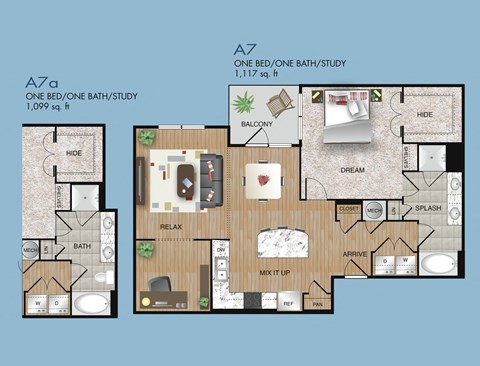 Floor plan for 1 bed, 1 bath, 1117 sqft