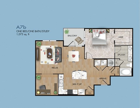 Floor plan for 1 bed, 1 bath, 1075 sqft