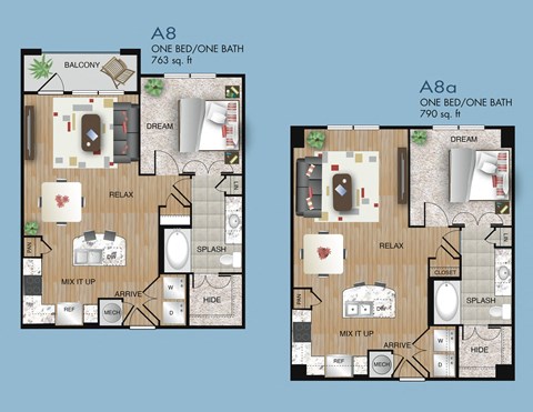 Floor plan for 1 bed, 1 bath, 763 sqft