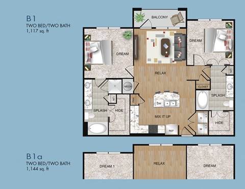 Floor plan for 2 beds, 2 baths, 1117 sqft
