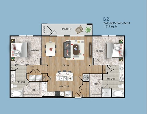 Floor plan for 2 beds, 2 baths, 1319 sqft