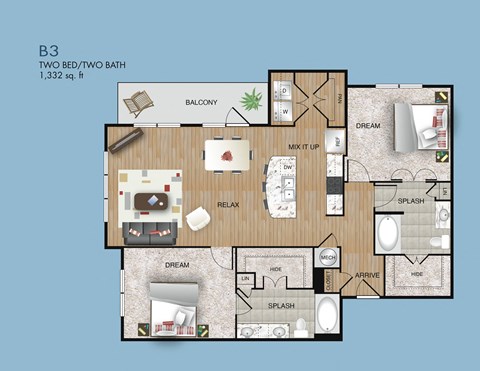 Floor plan for 2 beds, 2 baths, 1332 sqft