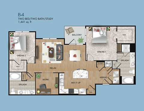 Floor plan for 2 beds, 2 baths, 1441 sqft