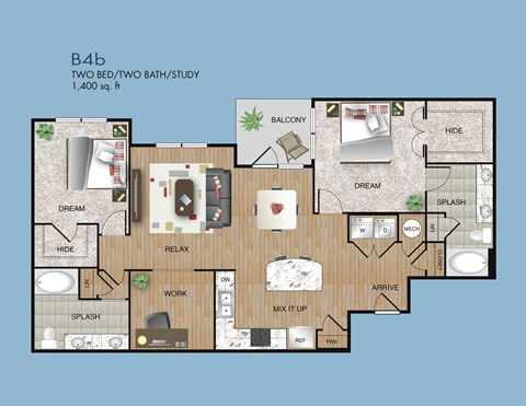 Floor plan for 2 beds, 2 baths, 1400 sqft