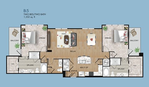 Floor plan for 2 beds, 2 baths, 1552 sqft