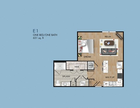 Floor plan for studio, 1 bath, 651 sqft