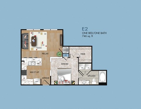 Floor plan for studio, 1 bath, 746 sqft