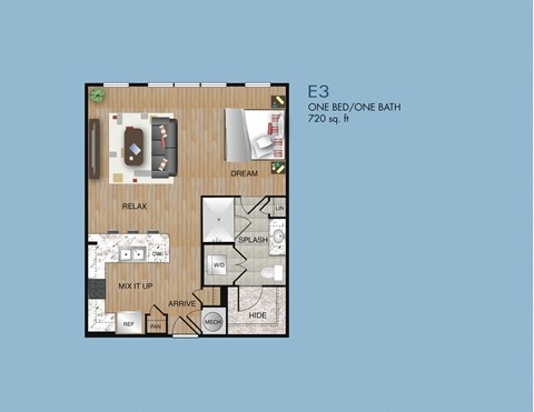 Floor plan for studio, 1 bath, 720 sqft