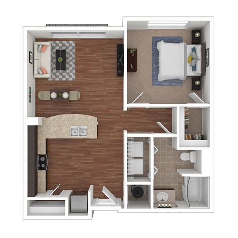 Floor plan for 1 bed, 1 bath, 667 sqft