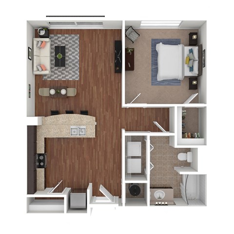 Floor plan for 1 bed, 1 bath, 686 sqft
