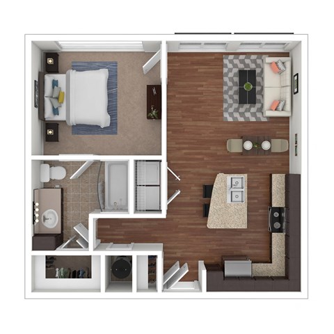 Floor plan for 1 bed, 1 bath, 728 sqft