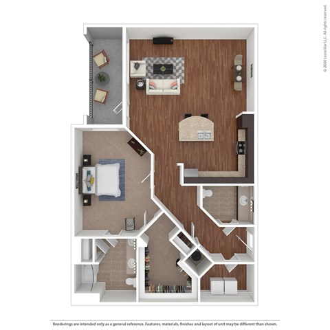 Floor plan for 1 bed, 1.5 baths, 993 sqft