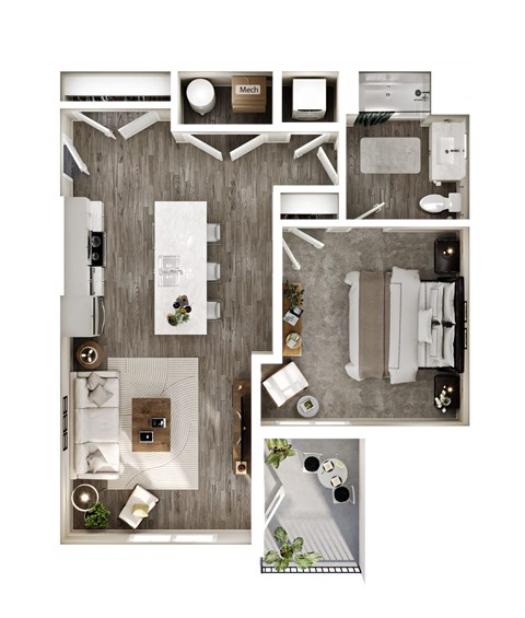 Floor plan for 1 bed, 1 bath, 835 sqft
