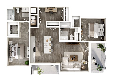 Floor plan for 2 beds, 2 baths, 1268 sqft