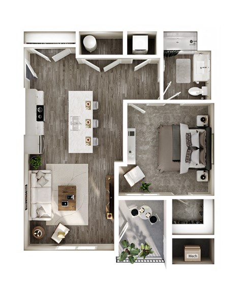 Floor plan for 1 bed, 1 bath, 908 sqft