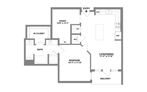 Floor plan for 1 bed, 1 bath, 849 sqft
